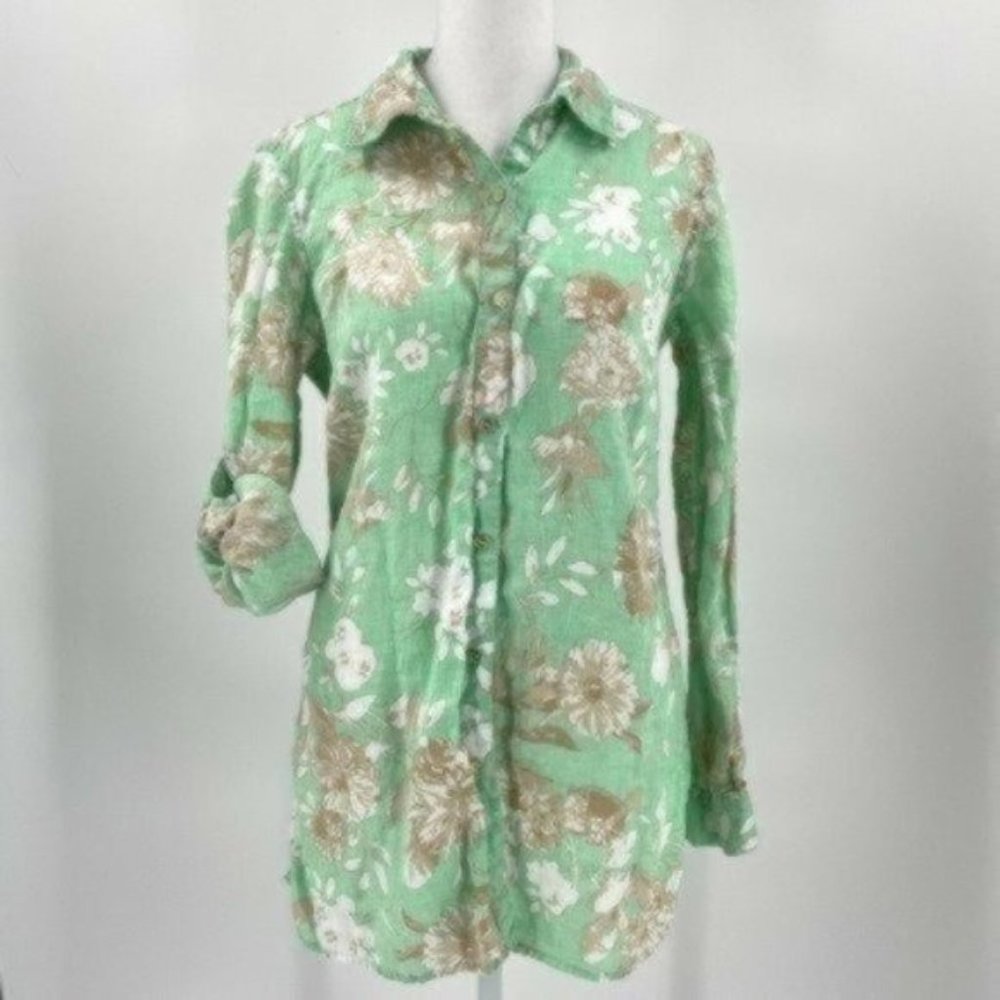 Charter Club 100% Linen Floral Hawaiian Button Front Shirt Roll Tab sz Medium